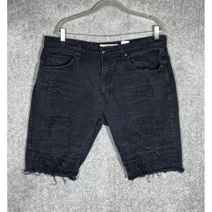 Akademiks Jeanius Shorts Mens Size 36 Black Distressed‎ Denim Cotton Raw Hem